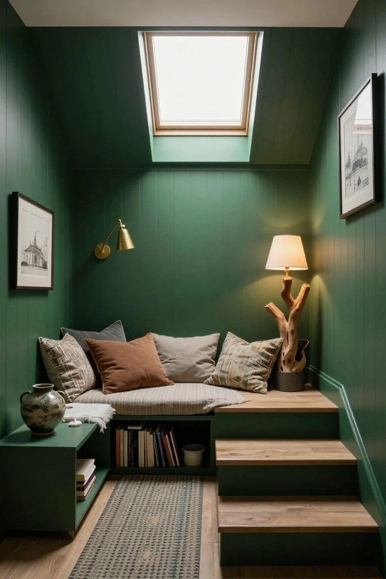 Small green-paneled interior room with skylight, built-in wooden bench seat piled with pillows, green side table holding vase and books, floor lamp with driftwood base, wall sconce, artwork, and short wooden stairs.