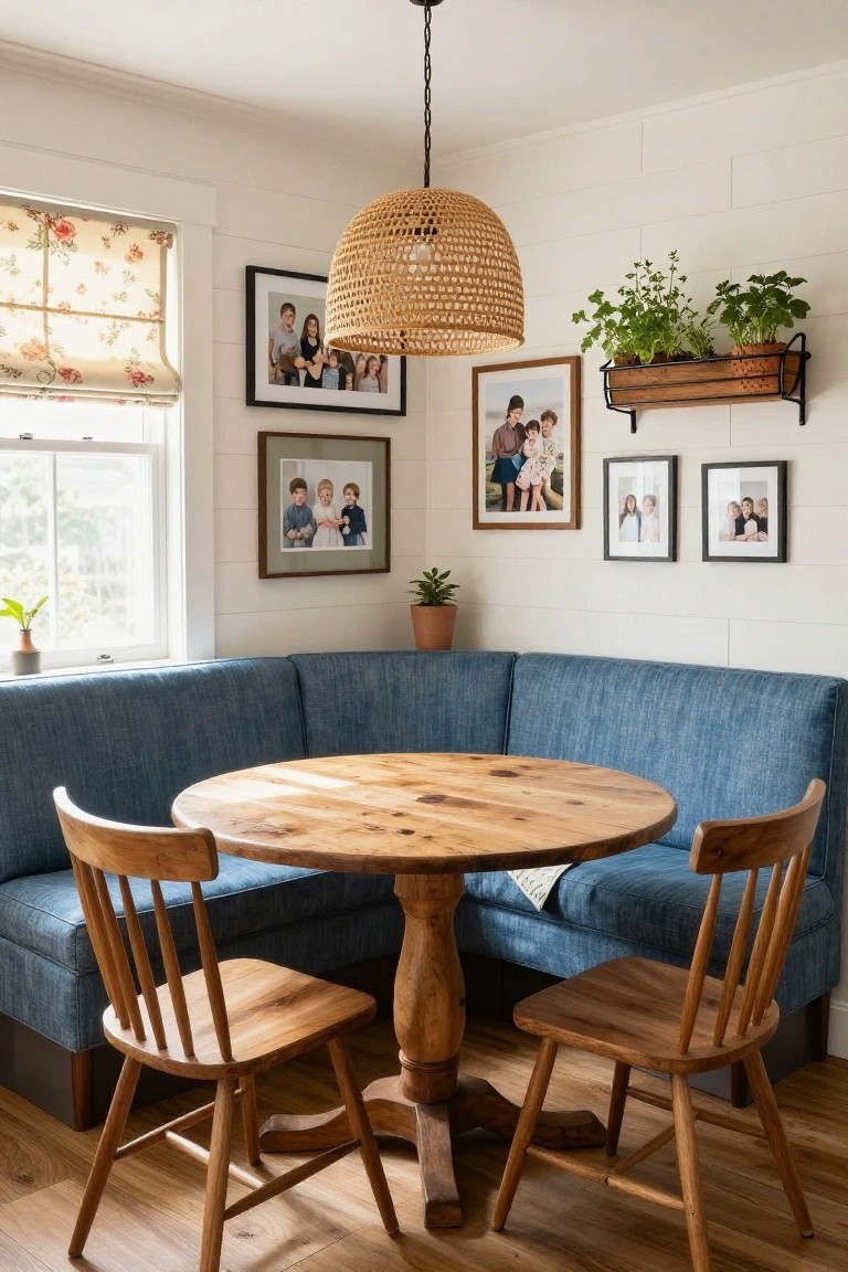 Blue upholstered L-shaped banquette in a corner with round wooden pedestal table, two wooden chairs, woven pendant light overhead, family photos in frames on white shiplap walls, potted plants, and floral window shade.