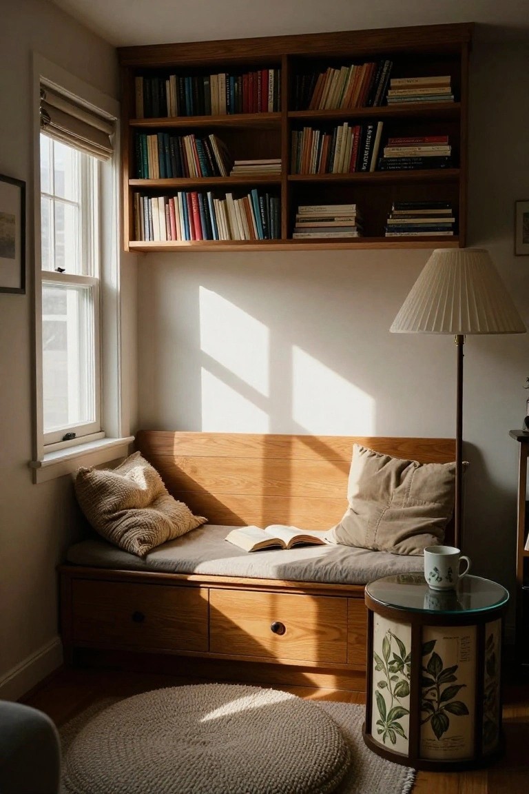Sunlit indoor reading nook with tall wooden bookshelves, built-in oak bench with beige cushions and pillows, open book, floor lamp, and glass-topped side table holding a teacup, next to a large window.