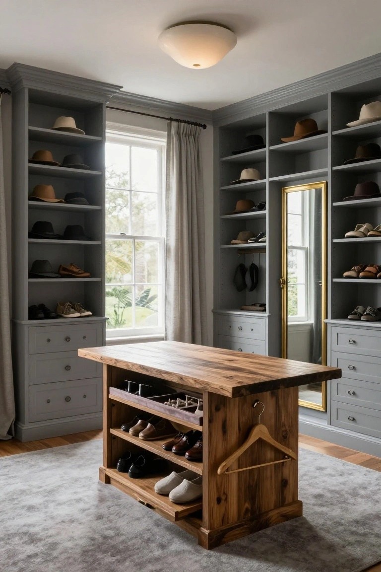Walk-in closet with gray built-in shelves displaying hats and shoes, central rustic wooden island with shoe racks and hanger, gold-framed full-length mirror, and window with curtains.