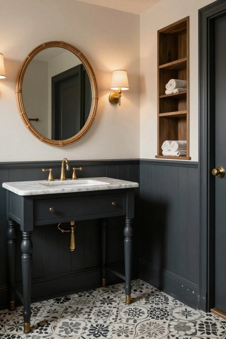 Bathroom with dark navy wainscoting on lower walls, white marble-topped black vanity with gold faucet and legs, round rattan mirror, sconces, wood towel shelf beside black door, and black-and-white patterned floor tiles.