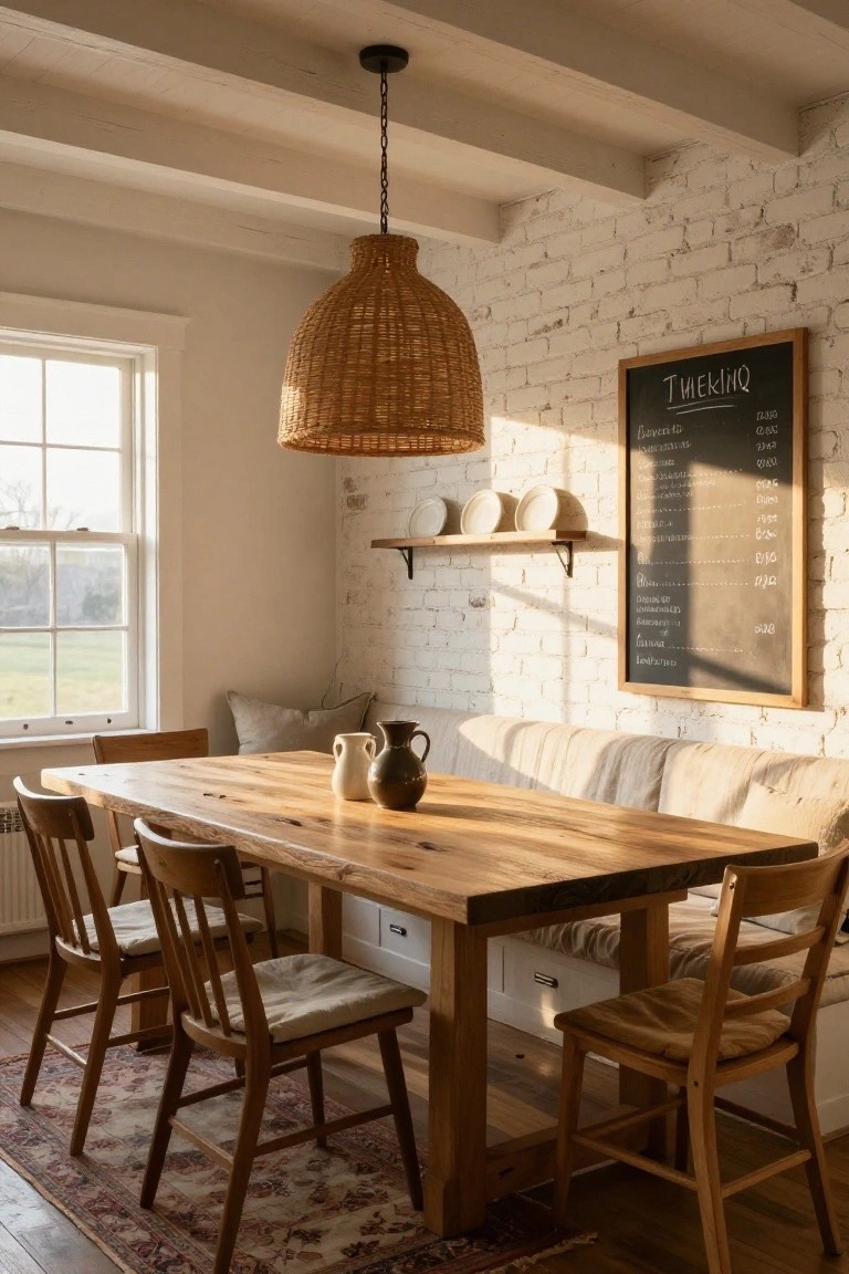 Dining area featuring a long wooden table with wooden chairs and a built-in cushioned bench against a white brick wall, rattan pendant light overhead, floating shelf with plates, and framed chalkboard menu on the wall.