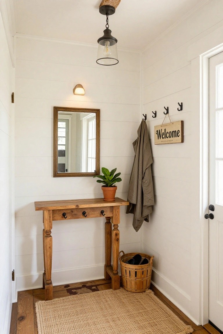 White shiplap-walled entryway with wooden console table topped by potted plant, wall mirror, coat hooks holding jacket and welcome sign, wicker shoe basket, seagrass rug, and interior door.