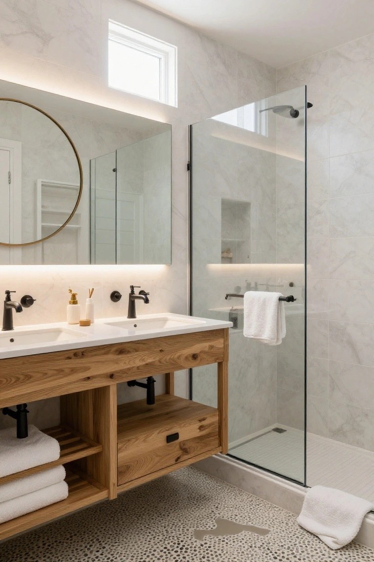 Modern bathroom with white marble tiled walls, wooden double vanity with open shelving and towels, round gold mirror, glass shower enclosure, and pebble stone floor.