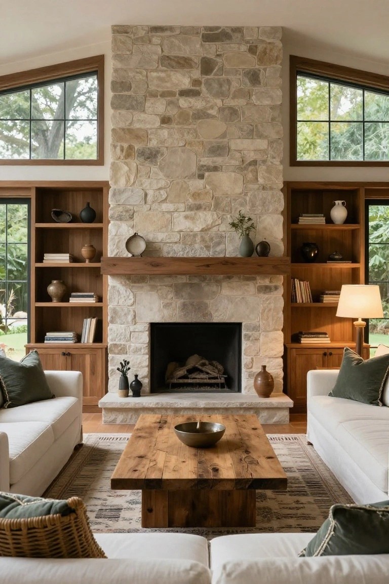 Living room with tall light stone fireplace centered on wall, flanked by wooden built-in bookshelves and cabinets, white sofas facing wooden coffee table, large angled windows with trees outside.