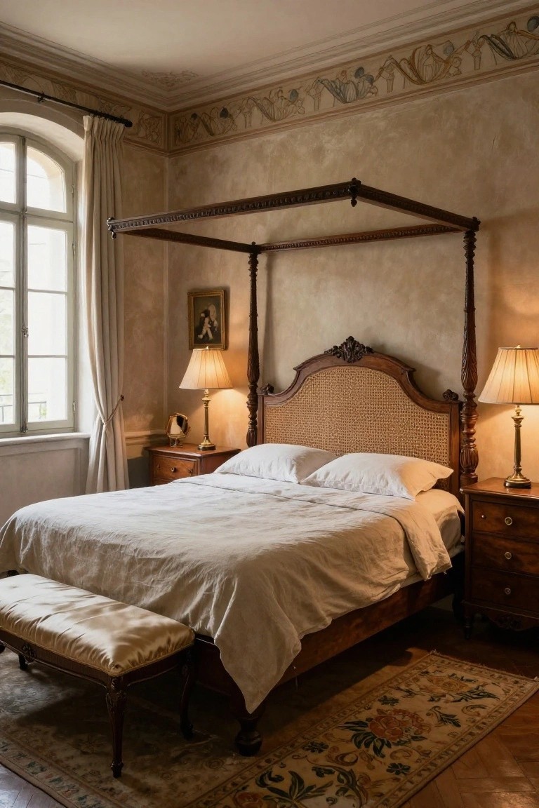 Bedroom interior with a tall wooden four-poster bed featuring a cane headboard, white linen bedding, two bedside tables with lamps, a bench at the foot of the bed, arched window with curtains, and a patterned rug on parquet flooring.