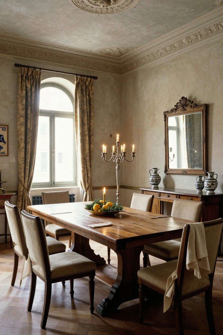 Dining room with large rectangular wooden trestle table surrounded by beige upholstered chairs, silver candelabra with lit candles and bowl of oranges on table, arched window with beige curtains, ornate mirror and sideboard with vases on beige walls with parquet floor.