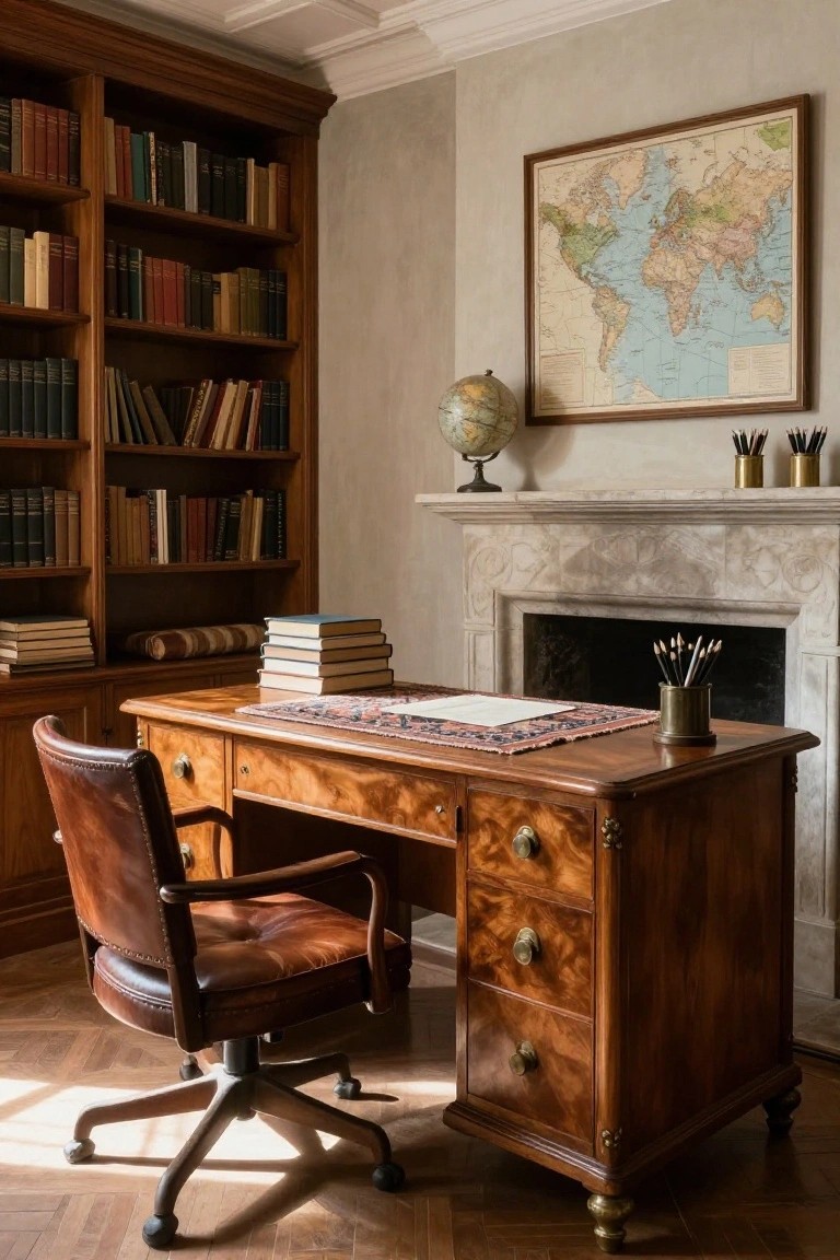 Wood-paneled library interior with tall bookshelves filled with books, a large burr walnut partner's desk topped with papers and a runner, leather swivel chair, globe, world map on wall, and marble fireplace.