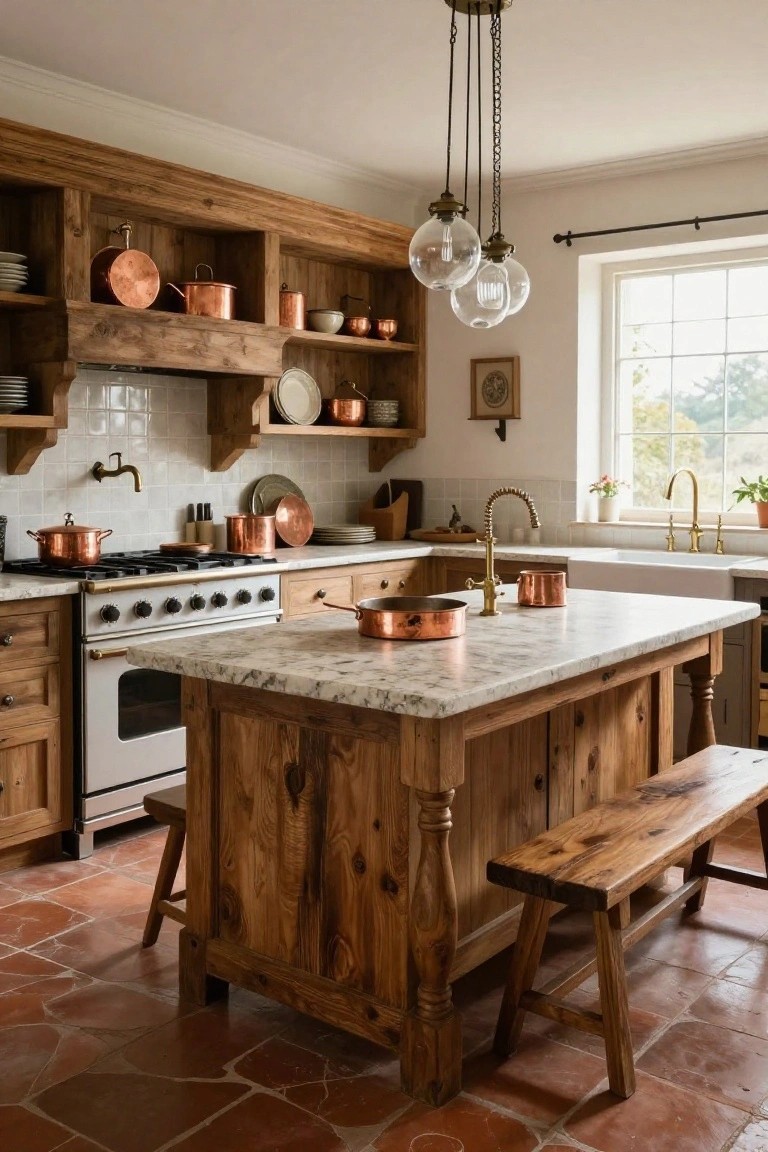 Rustic wooden kitchen with open shelves displaying copper pots and pans, a large wood island with bench seating, white countertops, terracotta tile floor, and brass fixtures.
