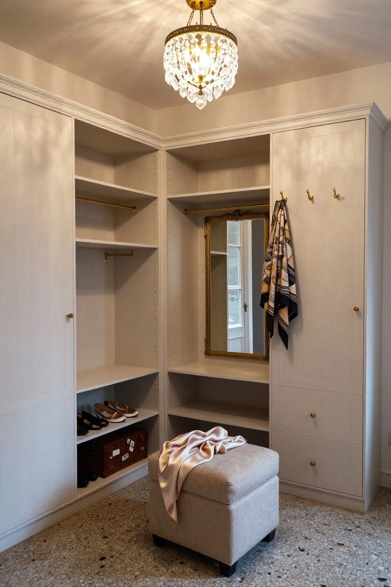 Corner walk-in closet with light beige wardrobes, open shelves holding shoes and a suitcase, gilded mirror flanked by hanging scarves, beige pouf stool with draped silk scarf, gold hardware and knobs, crystal chandelier, on terrazzo floor.