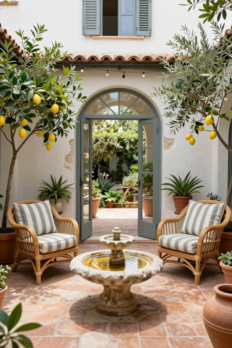 White stucco courtyard patio with open sage green arched doors to a lush garden, two beige wicker armchairs with blue-and-white striped cushions flanking a stone fountain on terracotta tiles, lemon trees and potted plants on either side.