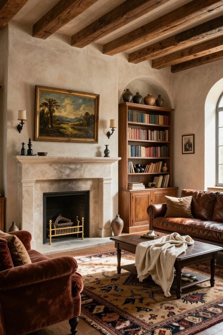 Cozy living room with exposed wooden ceiling beams, limestone fireplace, wooden bookshelves, brown leather sofa, coffee table with throw, and patterned rug on wood floor.