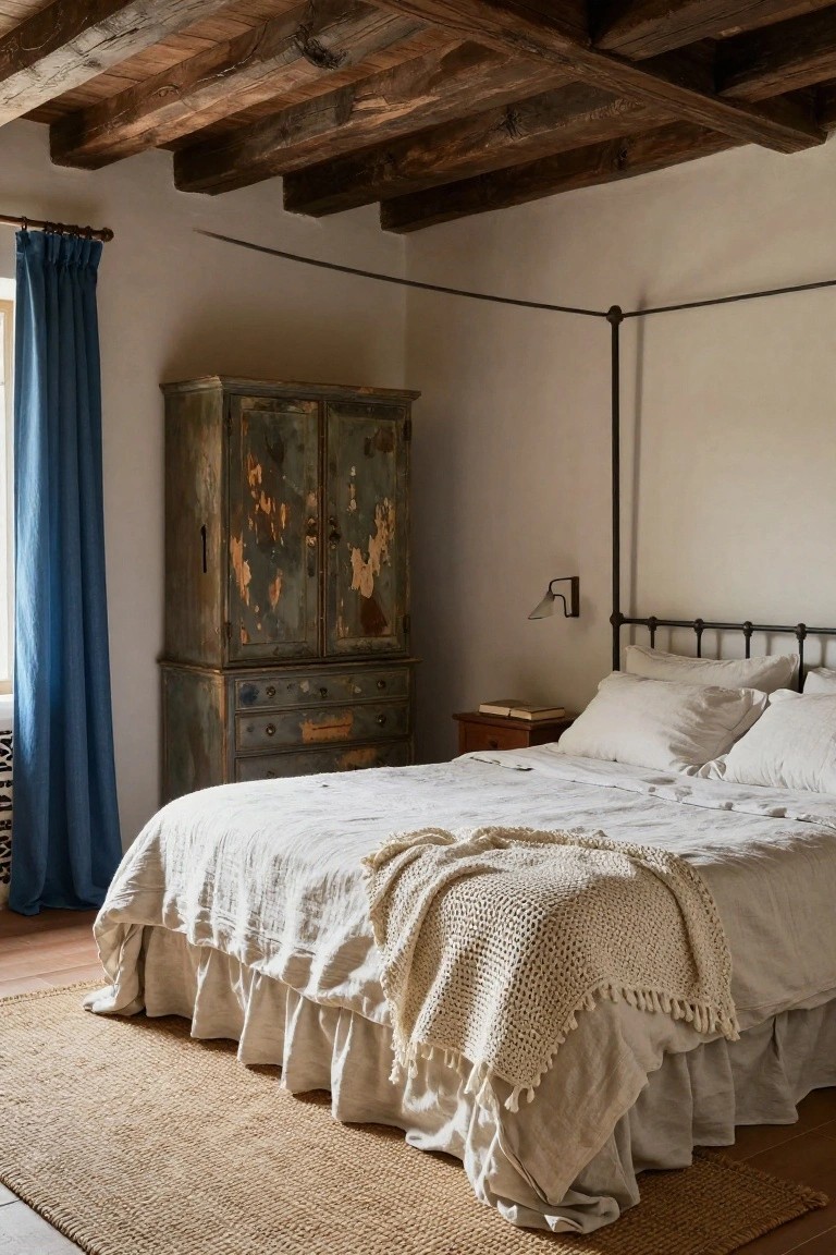 Bedroom with exposed dark wooden beams on the ceiling, tall distressed green armoire, iron four-poster bed with white linens and knit throw, blue curtains at window, wooden nightstand, and seagrass rug on tiled floor.