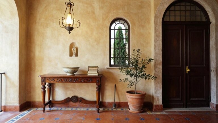 Arched interior entry hall with beige plaster walls, carved wooden console table holding stacked books, ceramic bowl, and potted olive branch in terracotta vase, beside large window with cypress trees and chandelier overhead.