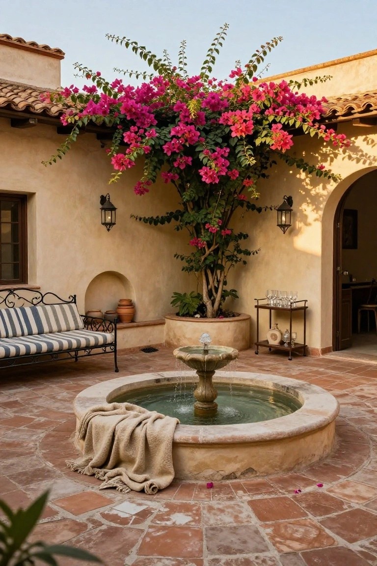 Sunlit courtyard patio with central stone fountain, wrought-iron bench with blue-striped cushions draped with a beige blanket, potted plants, serving cart with glasses, bougainvillea vines on beige stucco walls, and terracotta tile flooring.