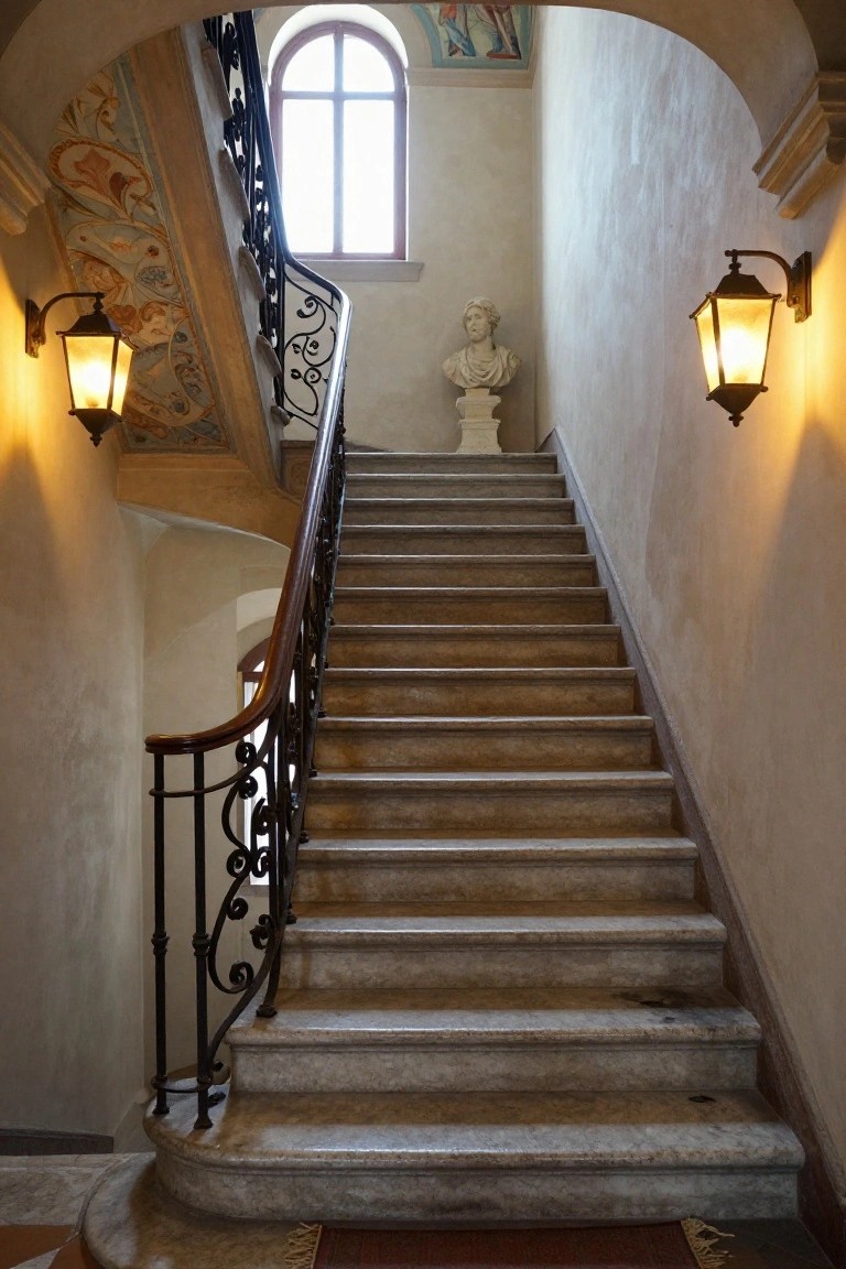 Curved stone staircase with ornate black wrought-iron railings and newel posts, illuminated by wall-mounted lanterns, next to a white marble bust on a pedestal in a frescoed interior with arched window.