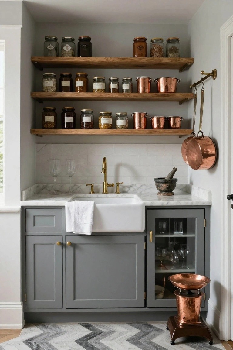 Kitchen pantry with floating wooden shelves holding assorted glass jars and copper pots above a white farmhouse sink, flanked by gray cabinets and a marble countertop on herringbone tile floor.