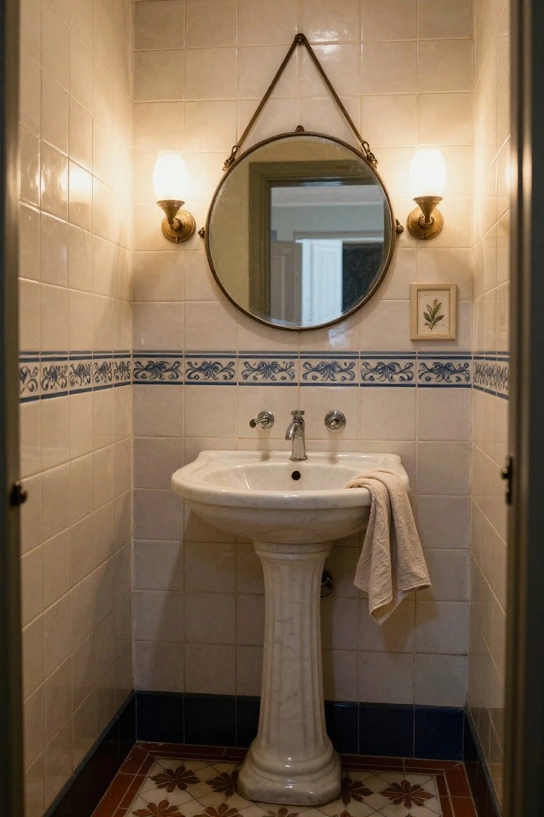 A small bathroom with white pedestal sink, brass round mirror on leather strap, white subway tiles with blue decorative border tiles, draped towel, and red and cream patterned floor tiles.