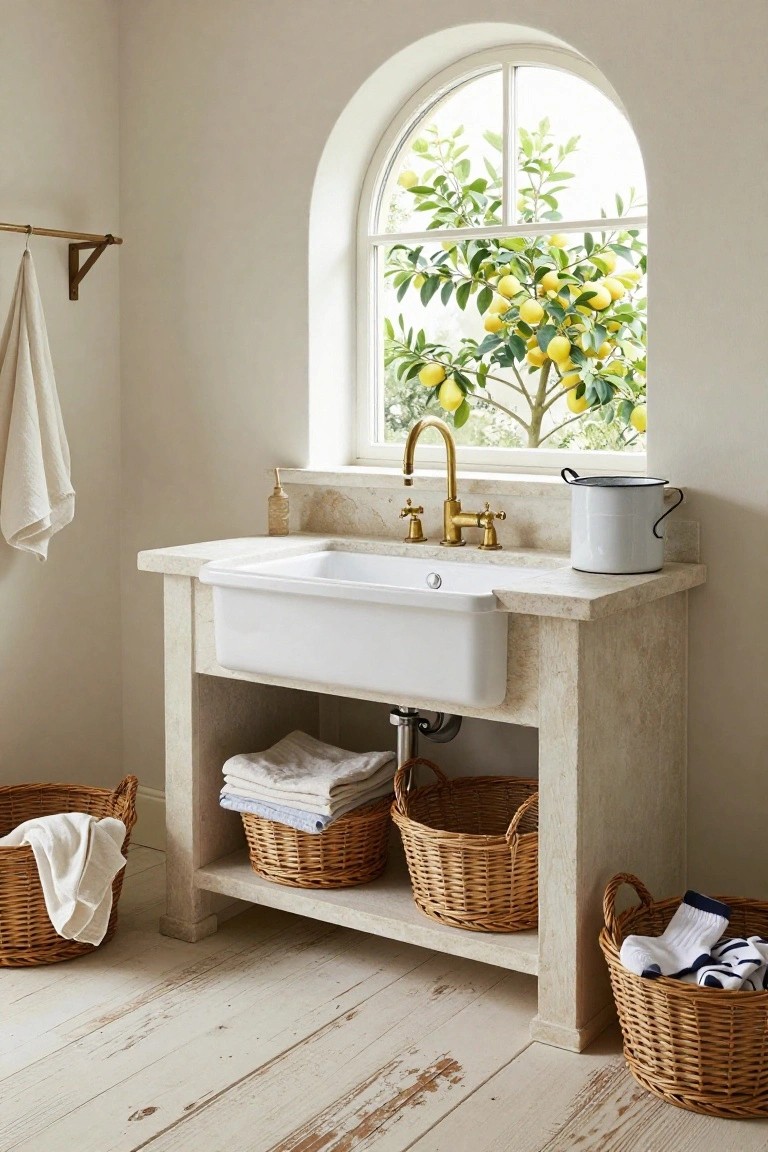 White ceramic farmhouse sink with brass faucet on beige stone pedestal base, open lower shelves holding multiple woven baskets with folded white linens and towels, arched window with lemon tree outside, light room with distressed wood floor.