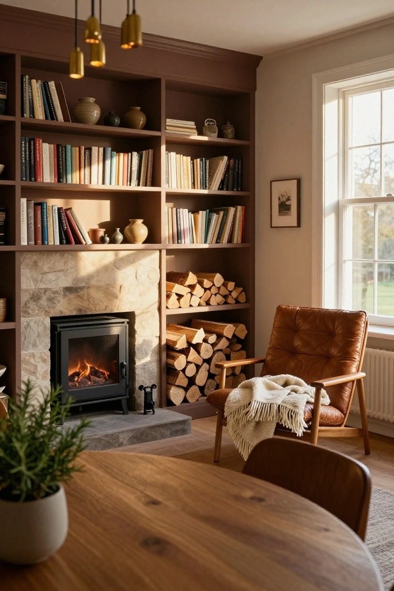 Interior room with maroon built-in bookshelves flanking a stone fireplace containing a black multi-fuel stove with flames, firewood stacks in shelves, tan leather armchair with white throw blanket, potted rosemary plant, and round oak dining table in foreground.