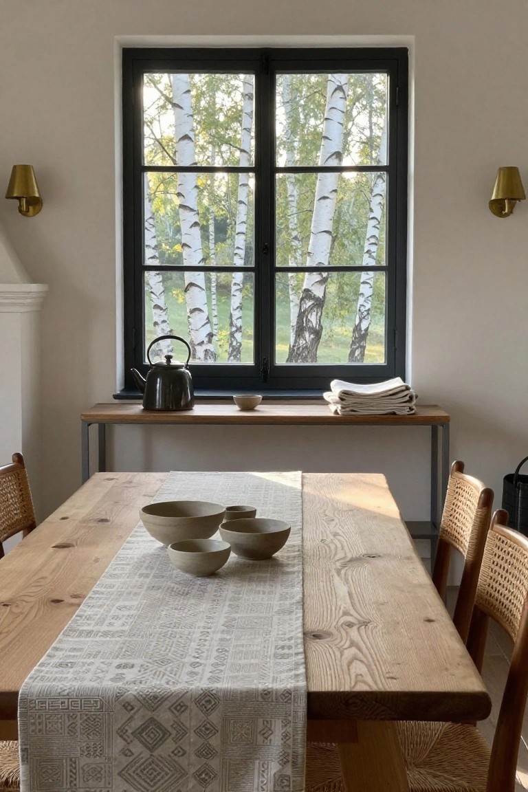 Dining room featuring a long wooden table with a white woven runner and several unglazed ceramic bowls, flanked by rattan chairs, a sideboard holding a black teakettle and folded linens, and a black-framed window showing birch trees outside.