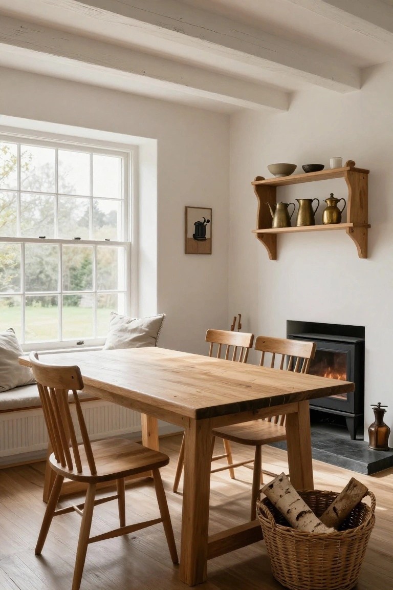 Sunlit dining room with rectangular wooden table and ladderback chairs, cushioned bench under multi-pane window, gas fireplace, wooden wall shelf holding brass teapots and ceramic bowls, basket of logs on oak floor.