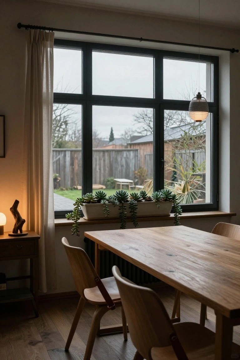 Dining room interior with wooden table and chairs, multiple potted succulents and trailing plants on the windowsill, sheer curtains on large dark-framed window showing garden view, pendant lamp, and side table with lamp.