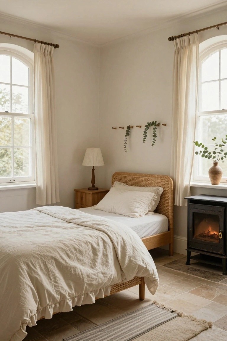 Corner of a light bedroom with a rattan bed dressed in white linens, wooden nightstand and lamp, lit black cast-iron stove on tiled floor, hanging eucalyptus, potted plant, and sheer curtains on arched windows.
