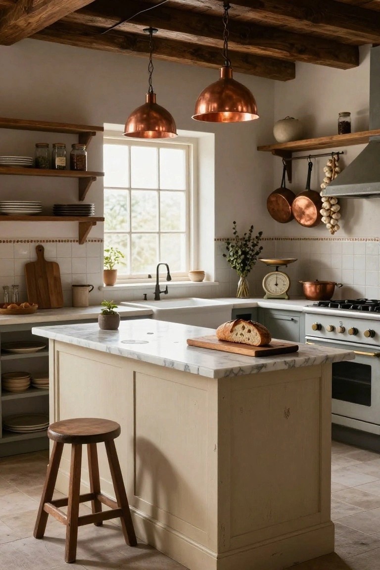 A cozy farmhouse kitchen with exposed wooden ceiling beams, two copper pendant lights over a marble-topped island, hanging copper pots and pans, a wooden stool, and neutral cabinetry.