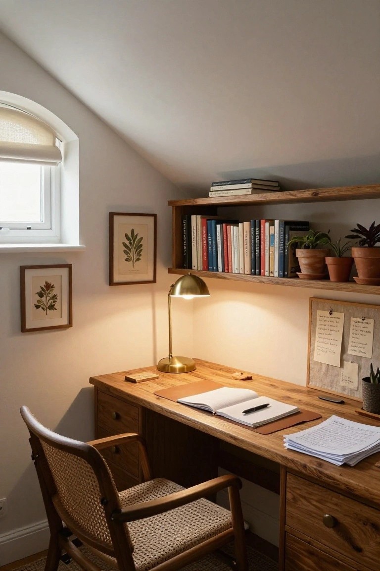 Attic home office featuring a wooden desk with open notebook and papers, rattan armchair, built-in wooden shelves with books and potted plants, brass desk lamp, corkboard, and framed botanical prints on white walls under a sloped ceiling.