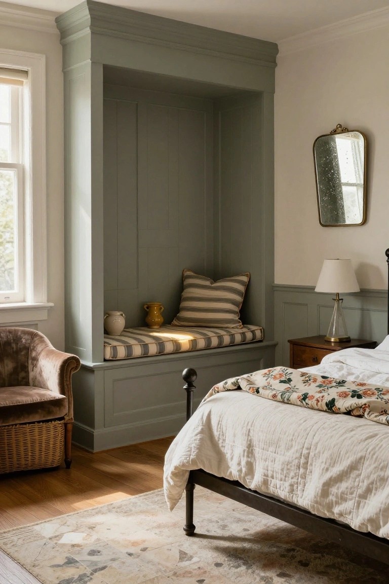Bedroom interior with sage green built-in window seat alcove featuring striped cushions, pillows, and pottery, beside a bed with white linens and floral quilt, velvet armchair, wood nightstand, lamp, and hardwood floors.