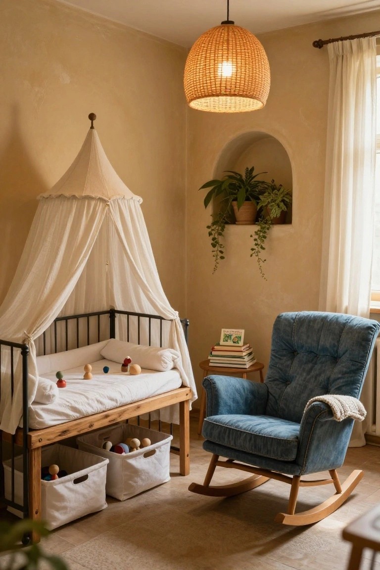 A beige nursery room with a wooden toddler bed under a peaked white canopy, toy baskets underneath, wooden toys on the mattress, a blue upholstered rocking chair with a throw nearby, books on a side table, plants in a wall niche, and a rattan pendant light overhead.