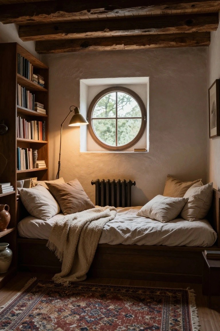 Small rustic bedroom nook with low wooden daybed covered in beige pillows and cream blanket, surrounded by wooden bookshelves filled with books, arched desk lamp lit up, round window, cast-iron radiator, and patterned rug on wooden floor under exposed beams.