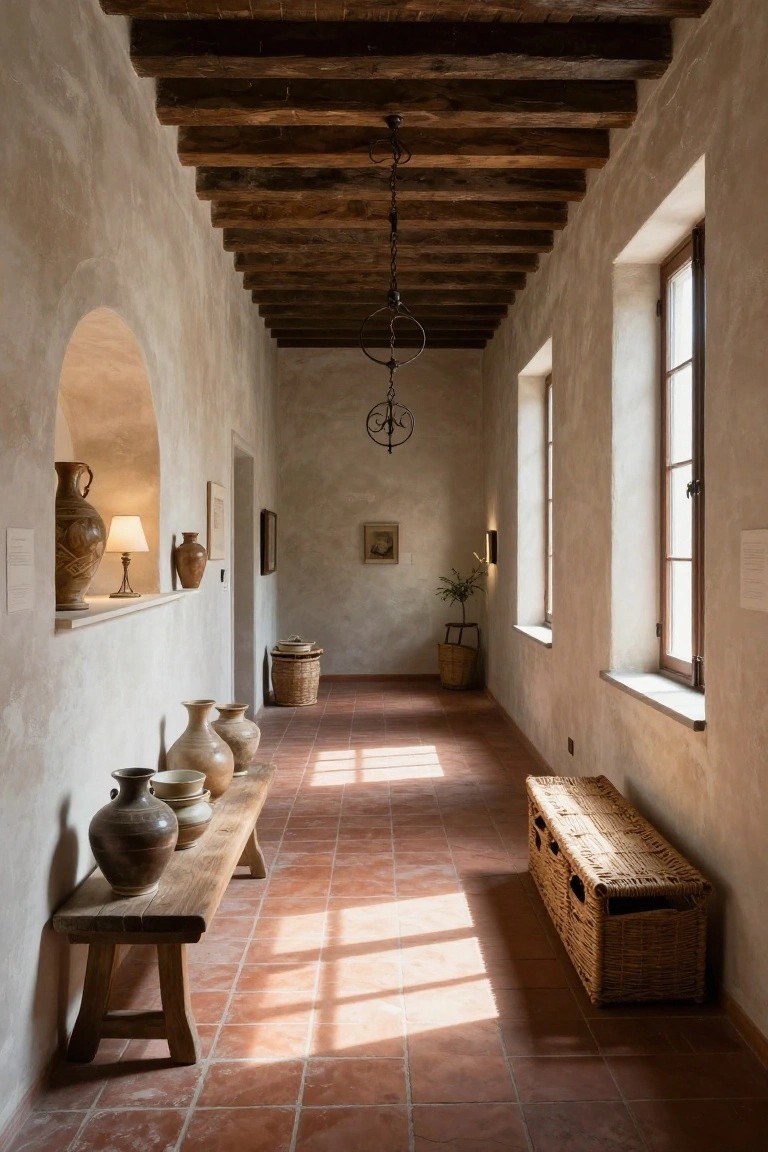 Long interior hallway with exposed dark wooden ceiling beams, whitewashed stucco walls, red terracotta tile floor, wooden bench lined with ceramic pottery vases, wicker baskets, small plant, and sunlight streaming through tall windows.