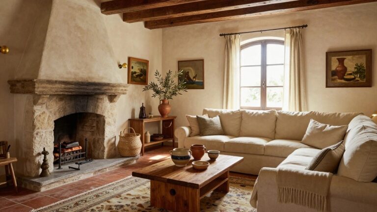 Living room with exposed wooden ceiling beams, large arched stone fireplace with fire lit, beige sofa, wooden coffee table with terracotta pots, neutral rug on terracotta tile floor, and potted olive tree.