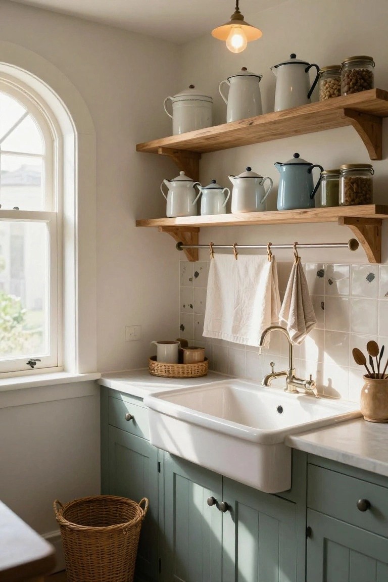 Kitchen corner featuring sage green lower cabinets, white farmhouse sink, wooden open shelves displaying white and blue enamel teapots and pitchers plus glass jars, hanging towels on a rod, and an arched window.