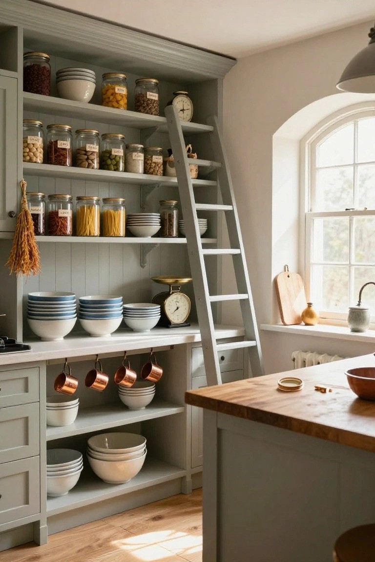 Gray painted kitchen wall with open shelves stocked with glass jars of pantry items, stacked bowls and plates, a sliding wooden ladder, hanging copper pots, and an adjacent wooden island.
