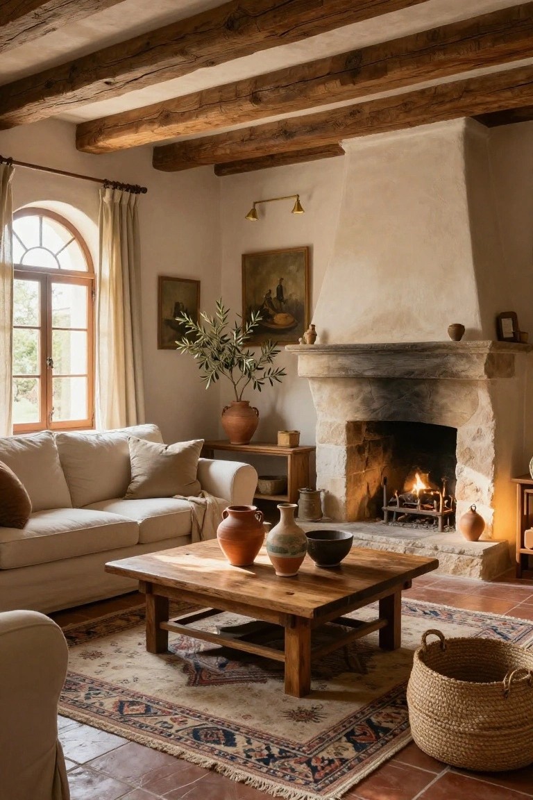 Living room with exposed wooden ceiling beams, large arched stone fireplace with fire lit, beige sofa, wooden coffee table with terracotta pots, neutral rug on terracotta tile floor, and potted olive tree.