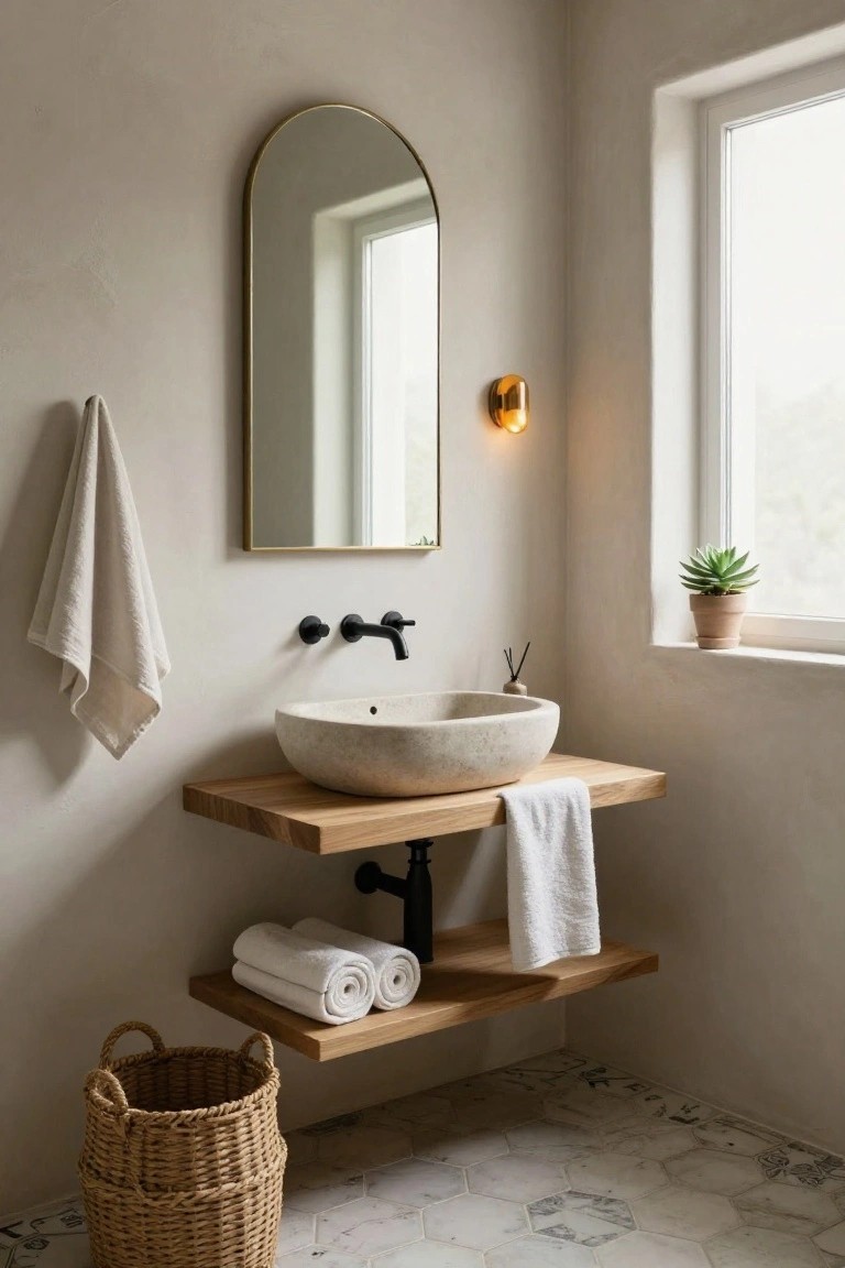Bathroom interior with beige textured walls, arched gold-framed mirror, floating oak wood shelf vanity holding white stone sink and stacked white towels, black faucet, hanging white towel, wicker basket on hexagonal white tile floor, potted succulent on windowsill.