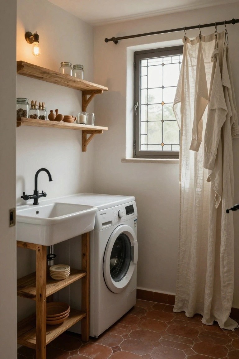 Small interior laundry room with rough wooden open shelves holding jars, pottery, cups, and dishes; white farmhouse sink on wooden stand next to white washing machine; linen curtains on leaded glass window with hanging white garments; terracotta hexagonal tile floor.