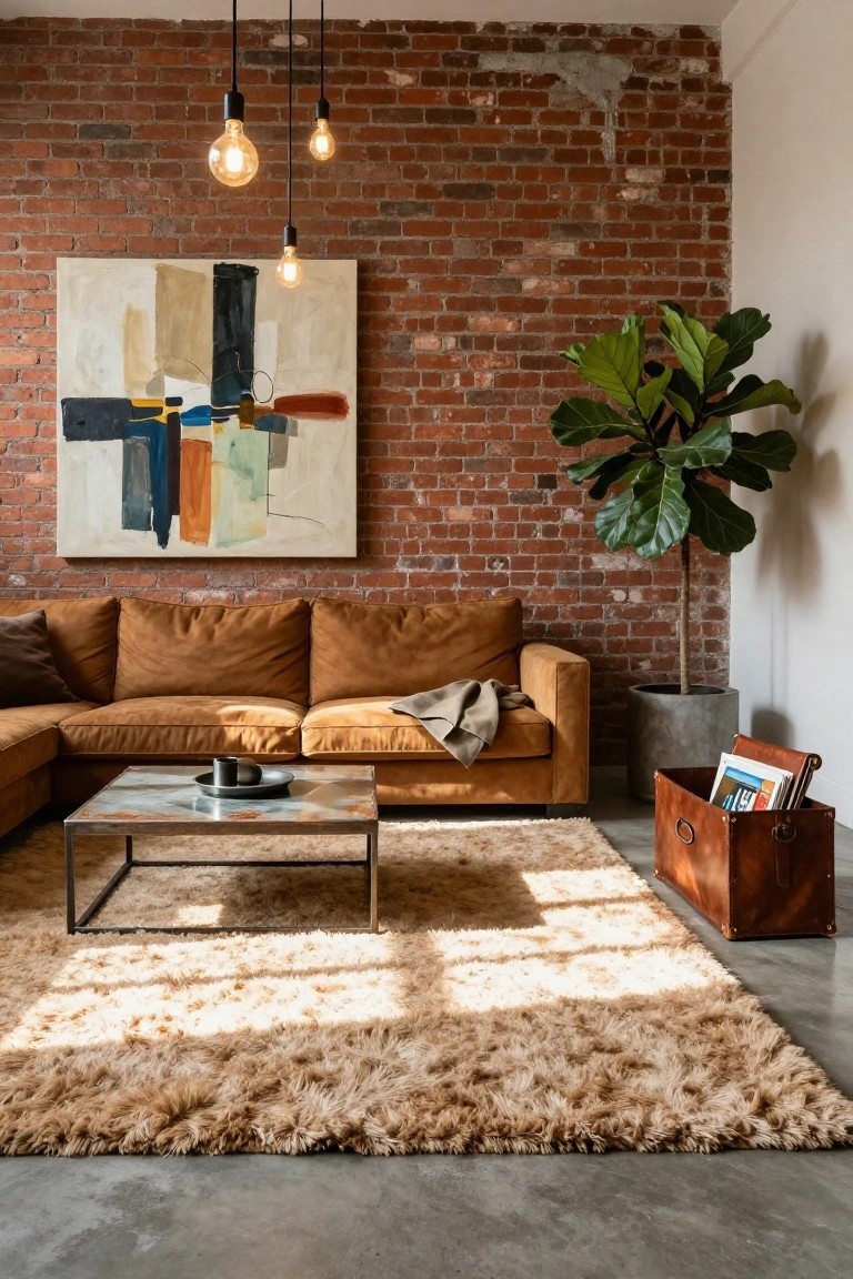 Living room with exposed brick wall, large abstract painting, tall potted fiddle leaf fig plant, tan leather L-shaped sofa, metal coffee table with cup and saucer, fluffy beige rug, leather magazine box, and hanging Edison bulb lights.