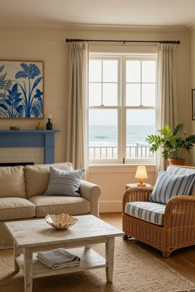 Cozy living room interior with beige linen sofa, blue-and-white striped rattan armchair, whitewashed wood coffee table, blue fireplace, shiplap walls, potted plants, and large windows overlooking the ocean and beach.