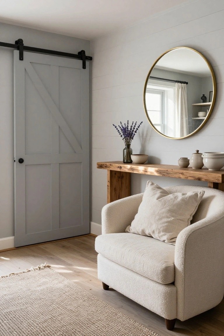 Corner of a light gray shiplap room with a sliding gray barn door, reclaimed wood console table topped with ceramic bowls, glass vase of lavender, and small pots, large gold round mirror above, and cream bouclé armchair with pillows on a textured jute rug.