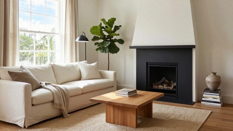 A light-filled living room with a cream sofa draped in a gray throw, low wooden coffee table stacked with books, beige jute rug, fiddle leaf fig plant, black arc floor lamp, wooden stool, and stone fireplace with burning logs.