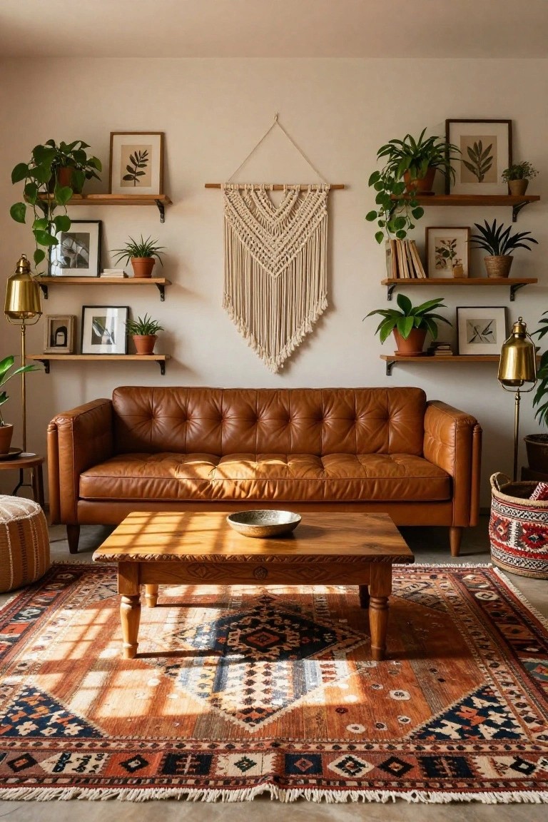 A sunlit living room with a tan tufted leather sofa facing a wooden coffee table on a patterned rug, wooden floating shelves displaying plants, books, and framed artwork on beige walls, a large macrame wall hanging, potted plants, and brass lamps.