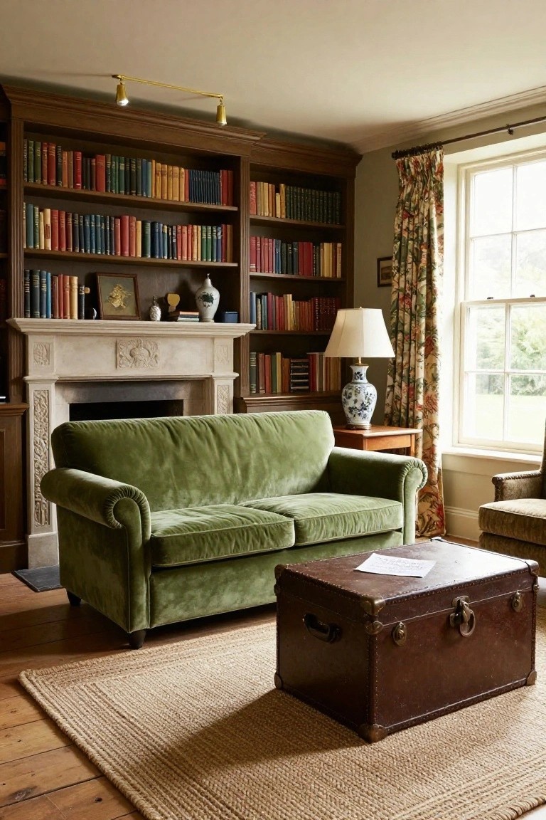 A cozy interior room with dark wood floor-to-ceiling bookshelves filled with books, a plush green velvet sofa, antique brown trunk as coffee table on a jute rug, stone fireplace, table lamp, and window with floral curtains.