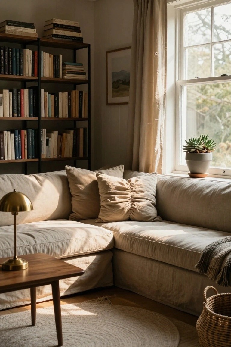Cozy living room corner with beige linen slipcovered sofa, black metal bookshelves filled with books, brass lamp and wooden coffee table, succulent plant on windowsill, and natural light through sheer curtains.