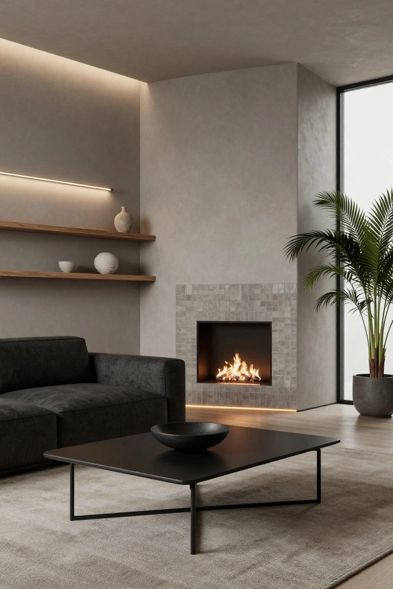 Modern living room interior with beige textured walls, corner gas fireplace with flames, black L-shaped sofa, black square coffee table with black bowl, wooden floating shelves holding white ceramics, large potted palm plant, and large window.