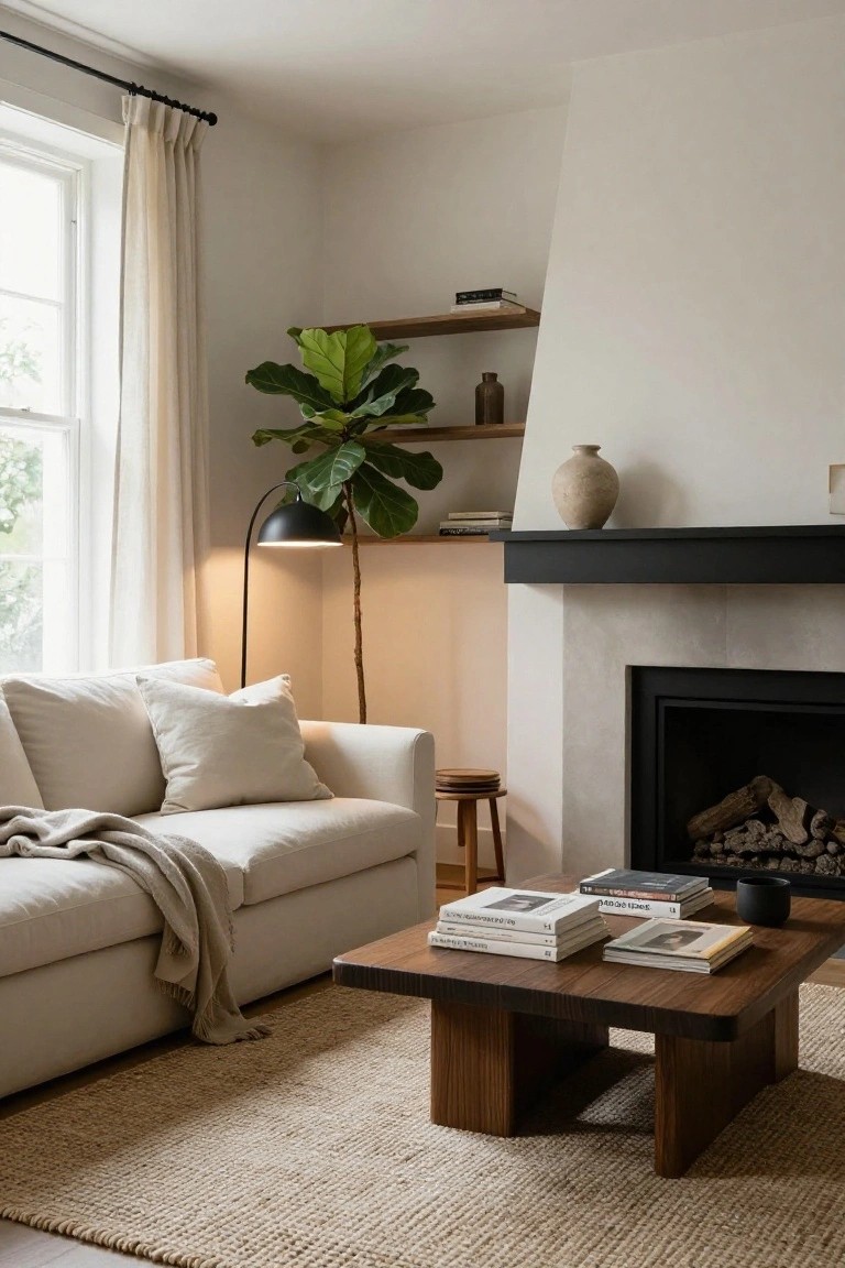 A light-filled living room with a cream sofa draped in a gray throw, low wooden coffee table stacked with books, beige jute rug, fiddle leaf fig plant, black arc floor lamp, wooden stool, and stone fireplace with burning logs.