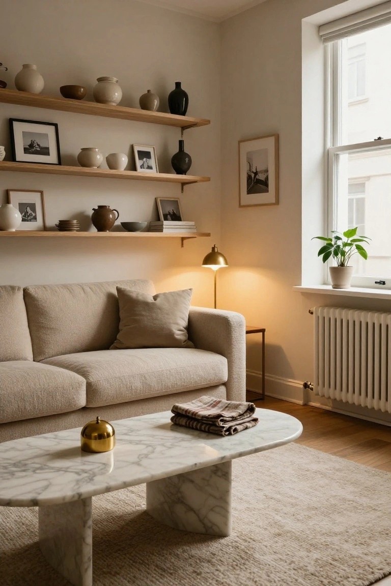 Beige living room corner with wooden open shelves displaying ceramics, vases, frames, and dishes, light bouclé sofa, oval white marble coffee table with gold dome and blanket, brass floor lamp, plant by window, and radiator.
